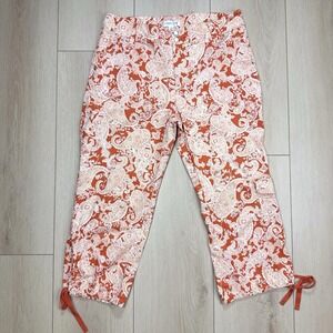 Coldwater Creek Paisley Capri Pants Women 14 Orange Beige Stretch Crop Casual